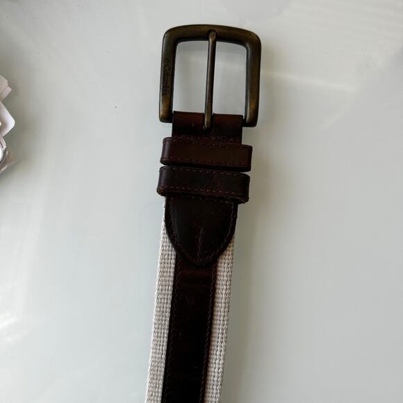 Columbia Men's Size 28 Brown Leather And Cream Canvas Belt - Picture 1 of 5
